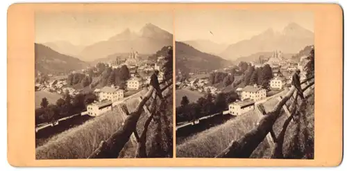 Stereo-Fotografie unbekannter Fotograf, Ansicht Berchtesgaden, Blick auf die Stadt und zur Kirche