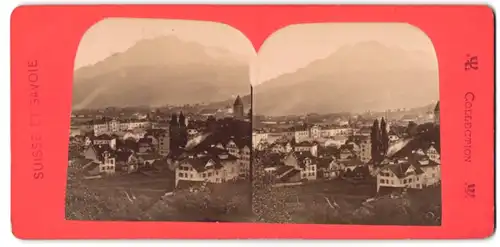 Stereo-Fotografie unbekannter Fotograf, Ansicht Lucerne, Blick auf die Stadt mit Bergpanorama