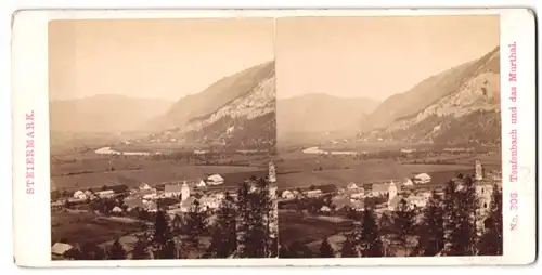 Stereo-Fotografie Alois Beer, Klagenfurt, Ansicht Teufenbach / Steiermark, Ortsansicht mit Murthal-Panorama