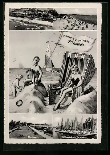 AK Eckernförde, Ostseebad, Strand, Kurpark, Fischereiboote im Hafen