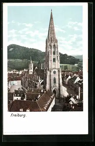 AK Freiburg, Strassenpartie mit Kirche