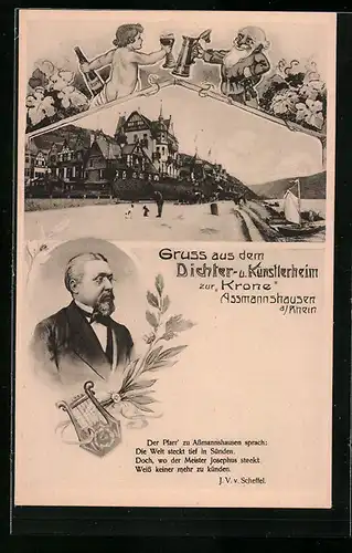 AK Assmannshausen a. Rhein, Restaurant Dichter- und Künstlerheim zur Krone, Fers von Victor von Scheffel