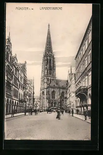 AK Münster i. W., Strassenpartie Lambertikirche