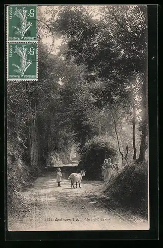 AK Quiberville, un point de vue, femme et filles avec une chèvre en laisse