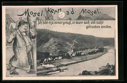 AK Moselkern, Panorama mit Dampfer im Passepartout mit betrunkenem Herren an einer Laterne