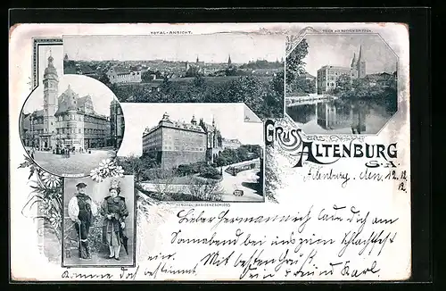 Lithographie Altenburg i. Sa., Totalansicht, Teich mit Rothen Spitzen, Rathaus, Trachten