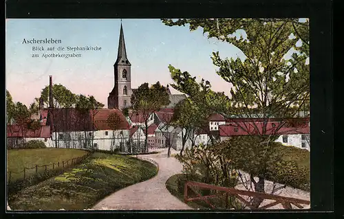 AK Aschersleben, Blick auf die Stephanikirche am Apothekergraben