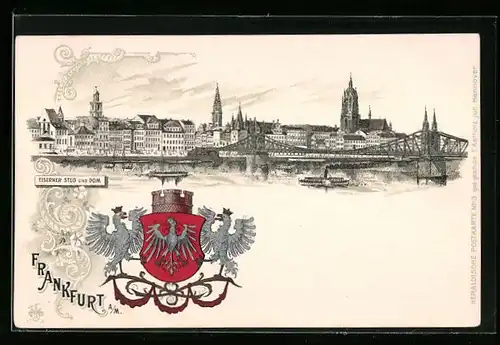 Lithographie Alt-Frankfurt, Eiserner Steg und Dom mit Wappen