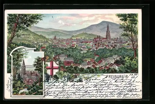 Lithographie Freiburg i. B., Kirche, Ortsansicht mit Bergpanorama, Wappen