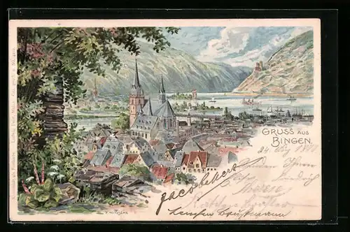 Künstler-AK Bingen /Rhein, Teilansicht mit Rhein und Burg