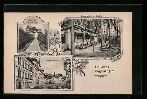 Passepartout-AK Vogelsang /Gommern, Heilstätte Vogelsang, Liegehallen im Walde, Chefarzt-Wohnhaus