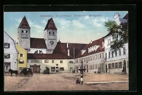 AK Steingaden / B. A. Schongau Oberbay., Ortspartie des Marktplatzes mit Kindern und Kutsche