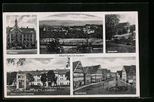 AK Hofgeismar, Generalansicht, Rathaus, Kaserne mit Ehrenmal, Schanzen, Marktplatz