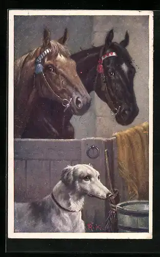 Künstler-AK Windhund im Pferdestall