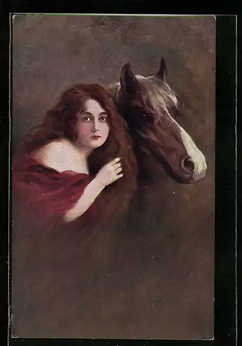 AK Mädchen mit wallendem Haar und Pferd mit weisser Nase