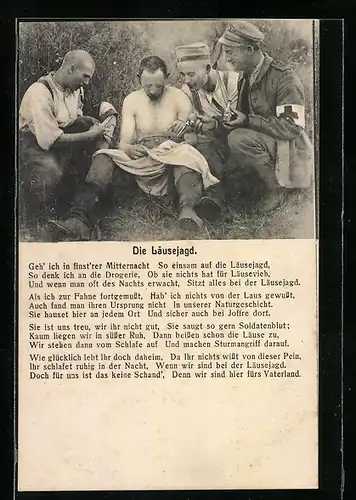 AK Soldatengruppe im Gras auf Läusejagd, Gedicht