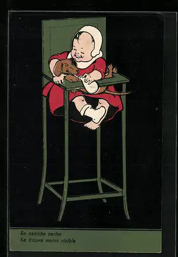 Präge-AK Kleinkind mit Dackel im Babystühlchen