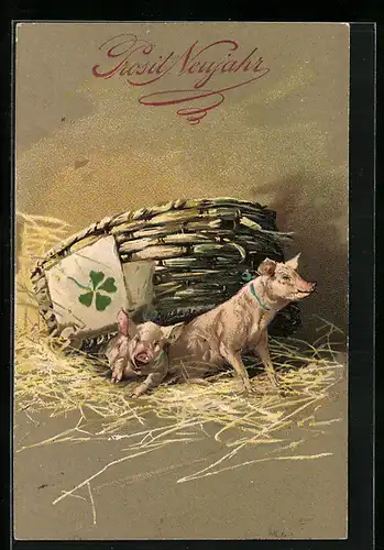 AK Zwei kleine Schweine im Stroh, Neujahrsgruss