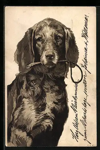 Lithographie Jagdhund trägt einen Stock im Maul