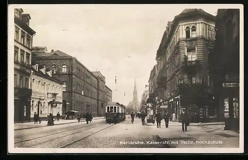 AK Karlsruhe, Kaiserstr. mit Techn. Hochschule, Strassenbahn