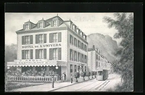 AK Lourdes, Hotel de l`Univers, Boulevard de la Grotte, Strassenbahn