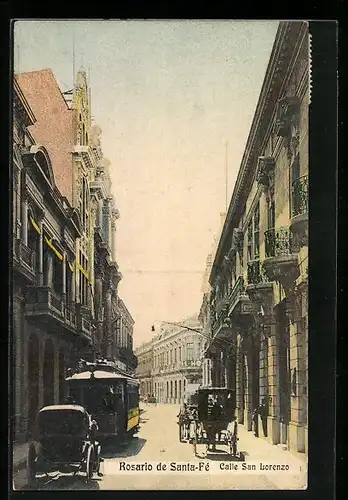 AK Rosario de Santa-Fé, Calle San Lorenzo, Strassenbahn