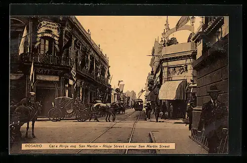 AK Rosario, Rioja Street Corner San Martin Street, Strassenbahn