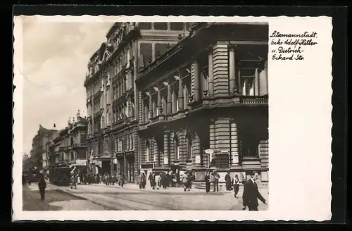 AK Litzmannstadt, Ecke  und Dietrich-Eckard Str., Strassenbahn