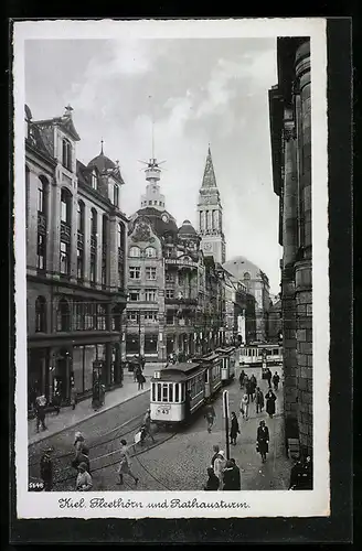 AK Kiel, Fleethörn und Rathausturm, Strassenbahn