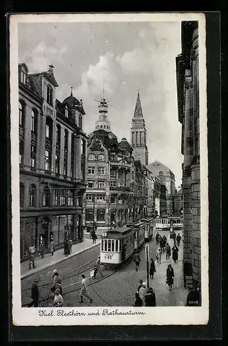 AK Kiel, Fleethörn und Rathausturm, Strassenbahn