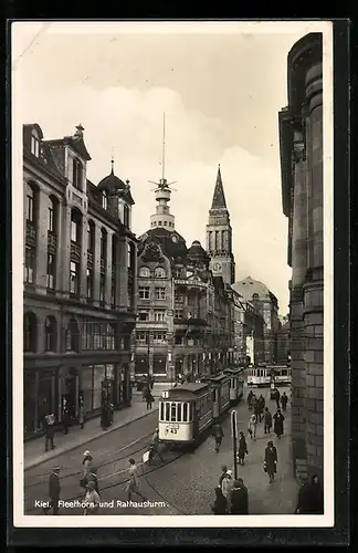 AK Kiel, Fleethörn und Rathausturm, Strassenbahn