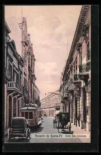 AK Rosario de Santa-Fé, Calle San Lorenzo, Strassenbahn