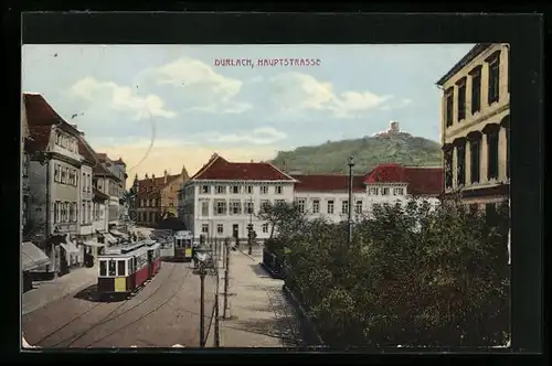 AK Durlach, Hauptstrasse mit Strassenbahn
