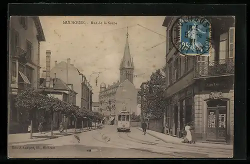 AK Mulhouse, Rue de la Sinne, Strassenbahn