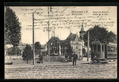 AK Mülhausen i. E., Partie am Bahnhof, Strassenbahn