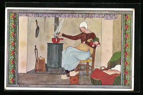 Künstler-AK Rie Cramer: Dame in niederländischer Tracht beim Kochen mit weinendem Baby