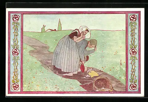 Künstler-AK Rie Cramer: Bäuerin und Knabe ärgern sich über verschwendete Lebensmittel