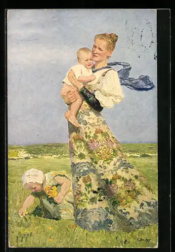 Künstler-AK Dresden, Margarittentag 1911, Mutter und Kinder pflücken Blumen