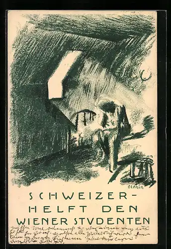 Künstler-AK Schweizer - Helft den Wiener Studenten, studentische Szene
