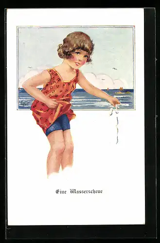 Künstler-AK Arthur Butcher: Eine Wasserscheue, Mädchen in Kleid am Meer