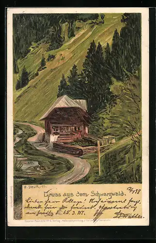 Künstler-AK Hermann Daur: Holzhütte im Schwarzwald