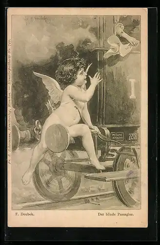 Künstler-AK Franz Doubek: Der blinde Passagier - Engel fährt auf Poller eines Zuges mit