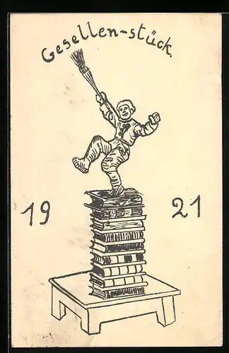 Künstler-AK Gesellenstück, Mann auf Bücherstapel