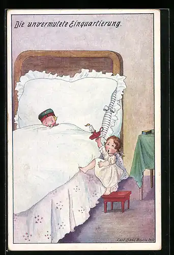 Künstler-AK Carl Diehl: Die unvermutete Einquartierung, Mädchen steigt mit einer Nachtlichtkerze ins Bett