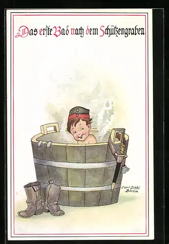 Künstler-AK Carl Diehl: Das erste Bad nach dem Schützengraben, Kind mit Soldatenuniform