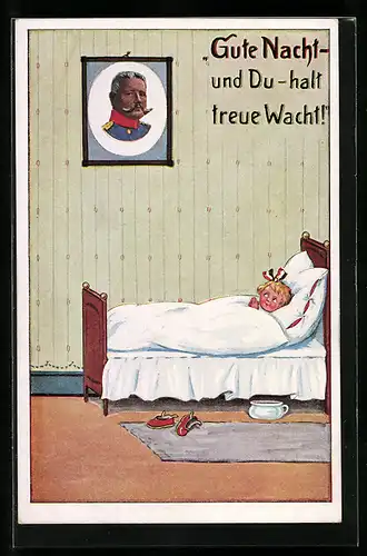 Künstler-AK Carl Diehl unsign.: Gute Nacht - und Du - halt treue Wacht, Hindenburg-Bildnis überm Bett eines Mädchens