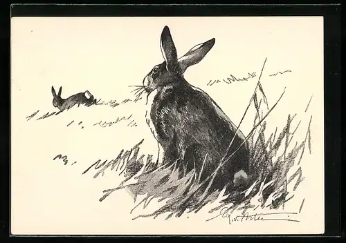 Künstler-AK Jagdeinladung, zwei Hasen auf Wiese