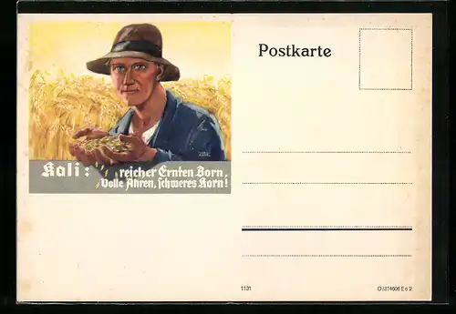 Künstler-AK Reklame Kali, Reiche Ernte, volle Ähren mit Kali-Dünger, Landwirt mit Getreideähre