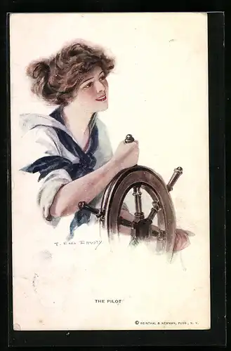 Künstler-AK F. Earl Christy: the Pilot, junge Frau am Steuerrad eines Schiffes