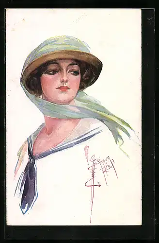 Künstler-AK Court Barber: Junge Frau mit blauer Binde und Schleierhut
